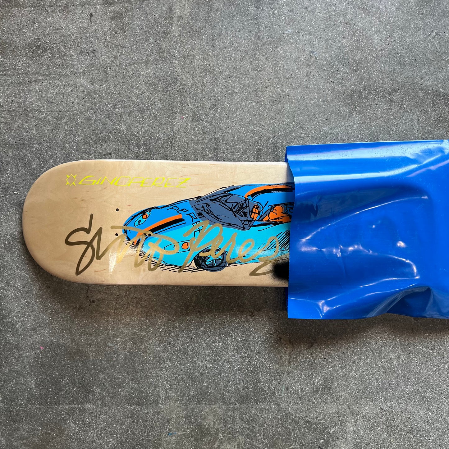 SIGNED SPRAYED Gino Perez Natural Wood 004 Mark Gonzales Art Sugar Sports Exclusive Autographed Skateboard Deck