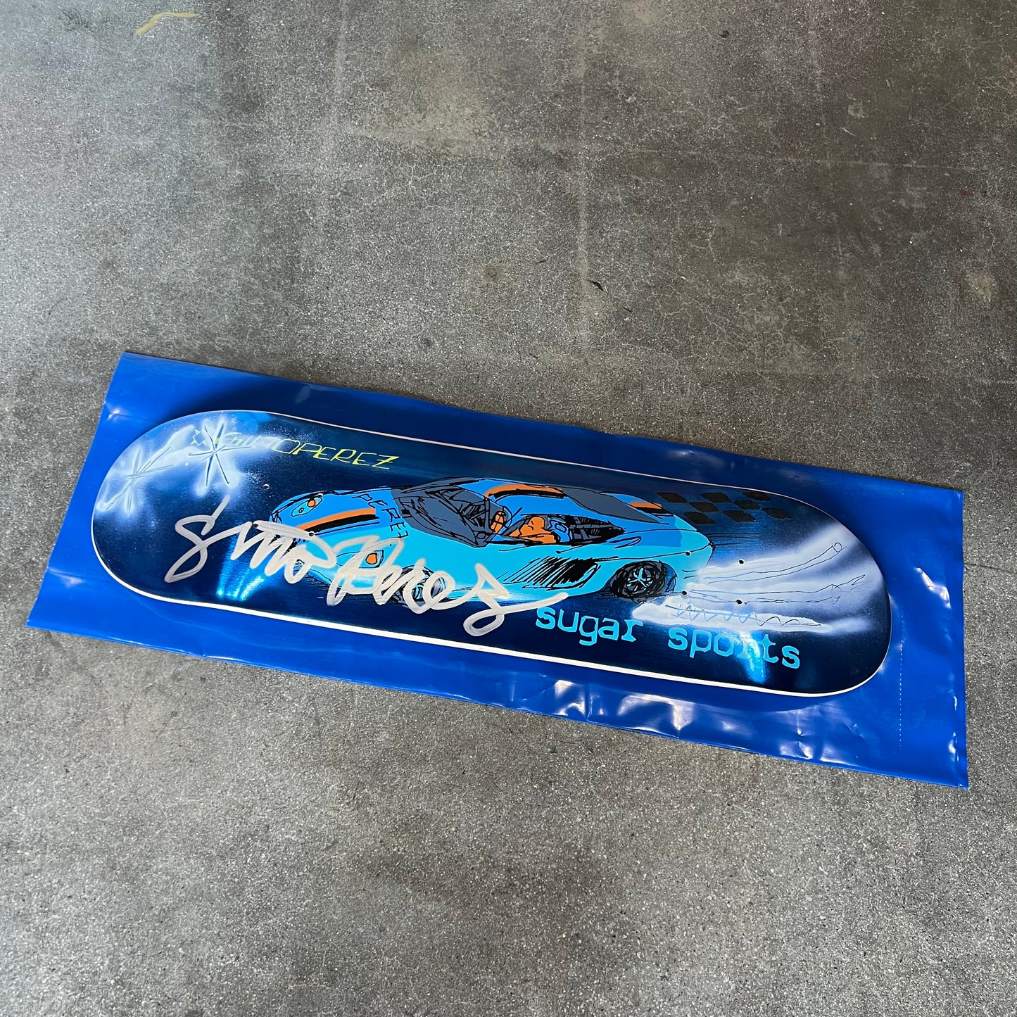 SIGNED SPRAYED Gino Perez Blue Foil 002 Mark Gonzales Art Sugar Sports Exclusive Autographed Skateboard Deck