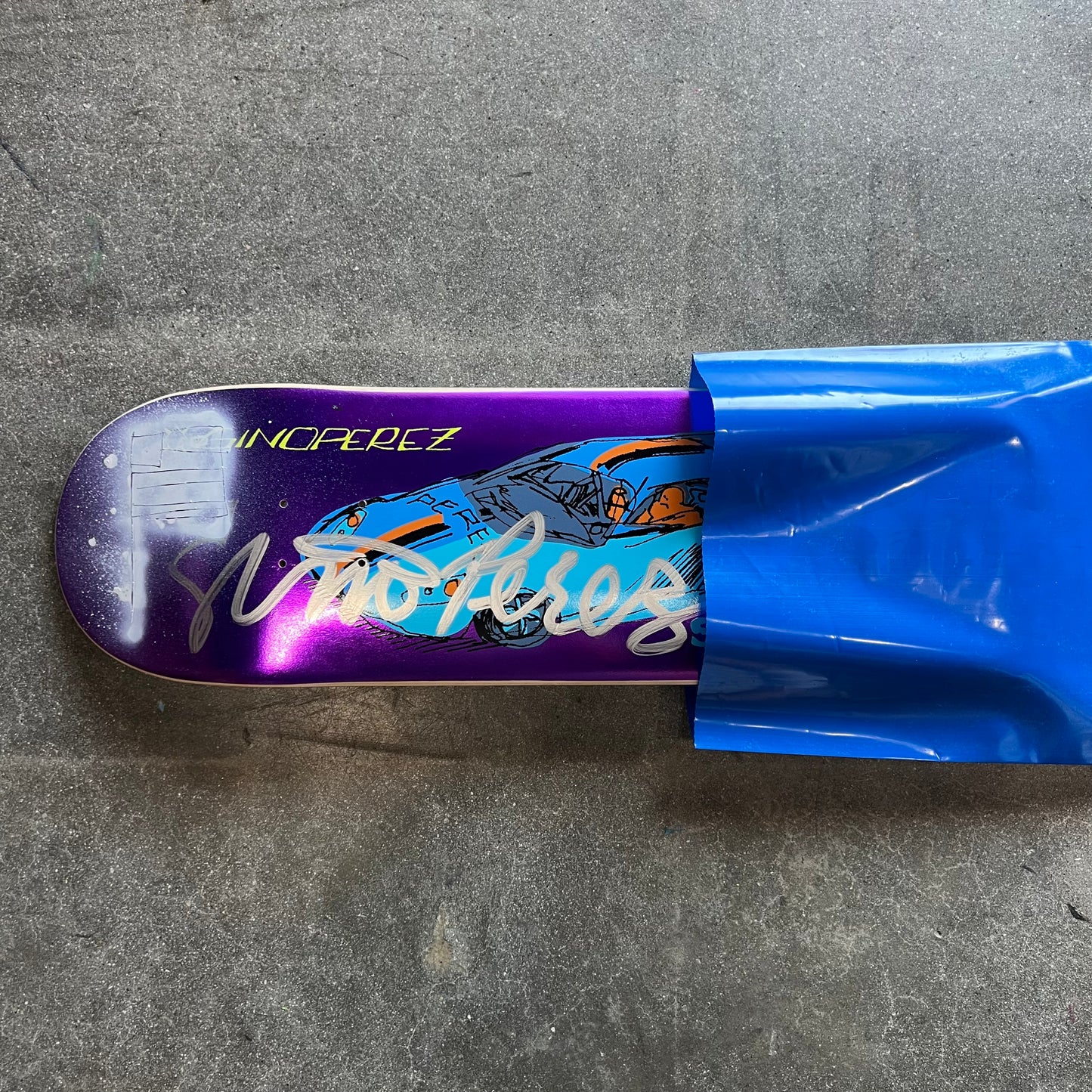 SIGNED SPRAYED Gino Perez Purple Foil 003 Mark Gonzales Art Sugar Sports Exclusive Autographed Skateboard Deck