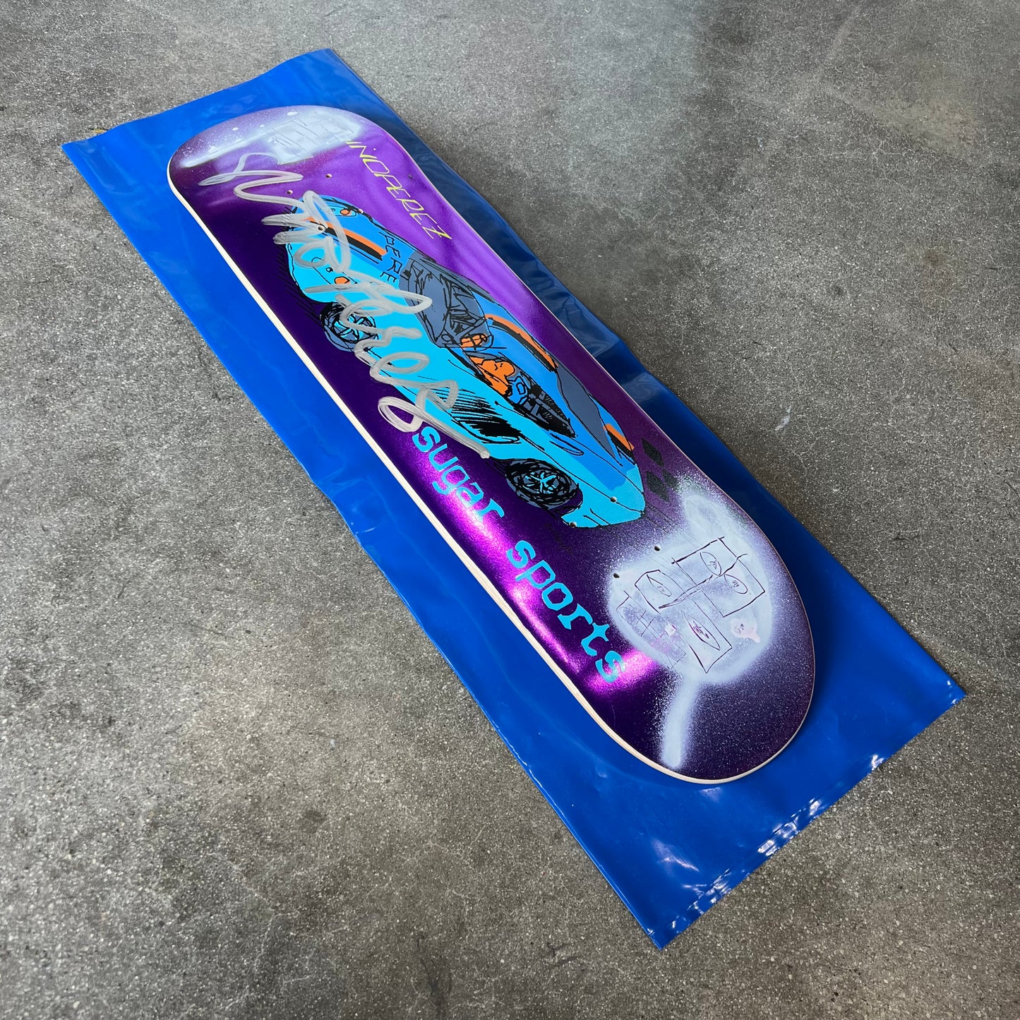 SIGNED SPRAYED Gino Perez Purple Foil 003 Mark Gonzales Art Sugar Sports Exclusive Autographed Skateboard Deck