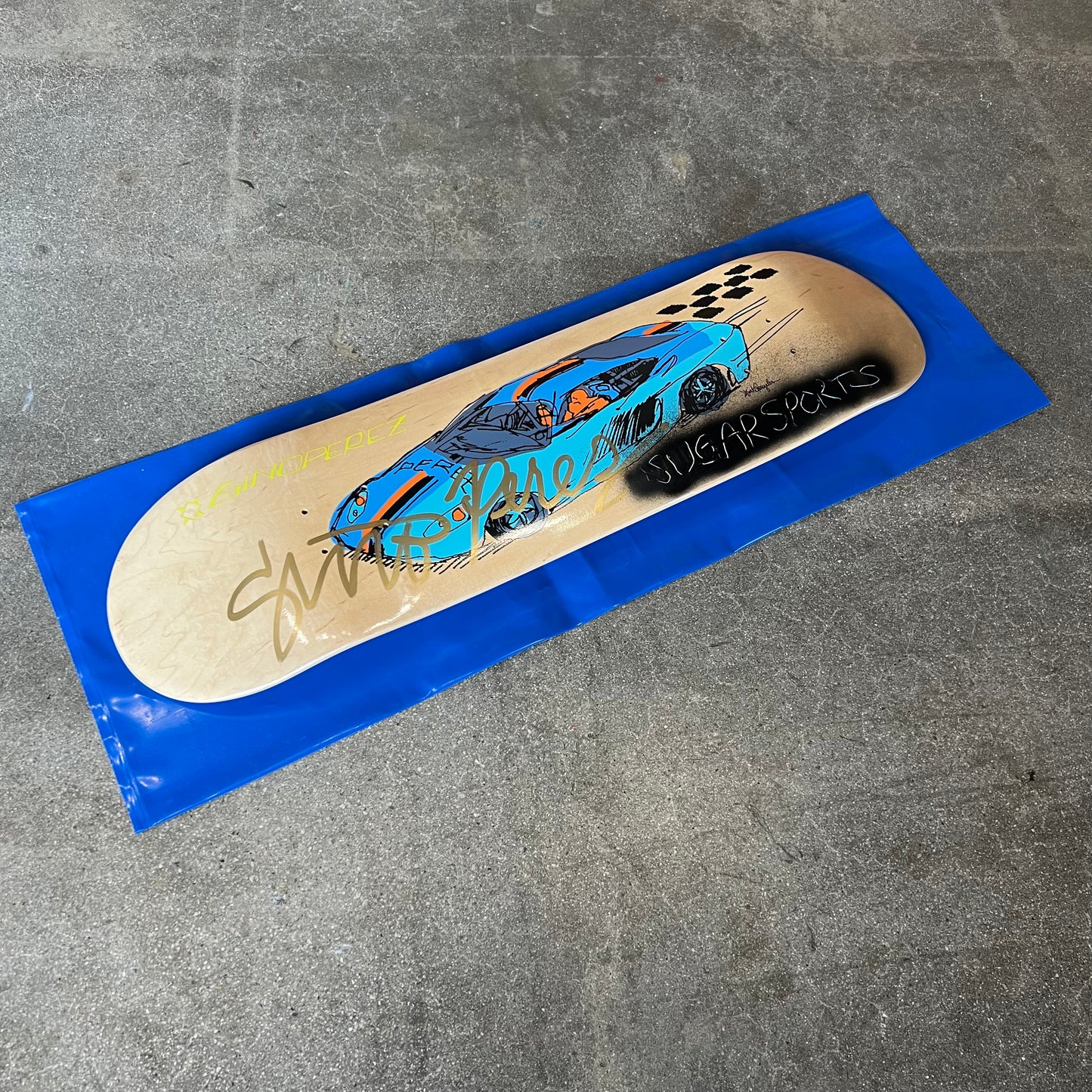 SIGNED SPRAYED Gino Perez Natural Wood 004 Mark Gonzales Art Sugar Sports Exclusive Autographed Skateboard Deck