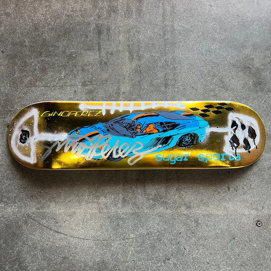 SIGNED SPRAYED Gino Perez Gold Foil 001 Mark Gonzales Art Sugar Sports Exclusive Autographed Skateboard Deck