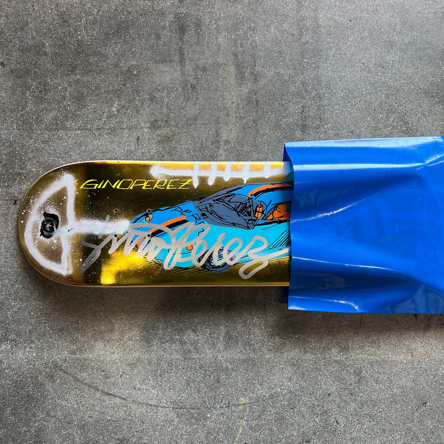 SIGNED SPRAYED Gino Perez Gold Foil 001 Mark Gonzales Art Sugar Sports Exclusive Autographed Skateboard Deck