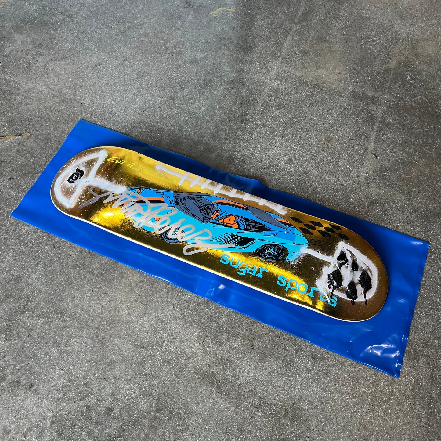 SIGNED SPRAYED Gino Perez Gold Foil 001 Mark Gonzales Art Sugar Sports Exclusive Autographed Skateboard Deck