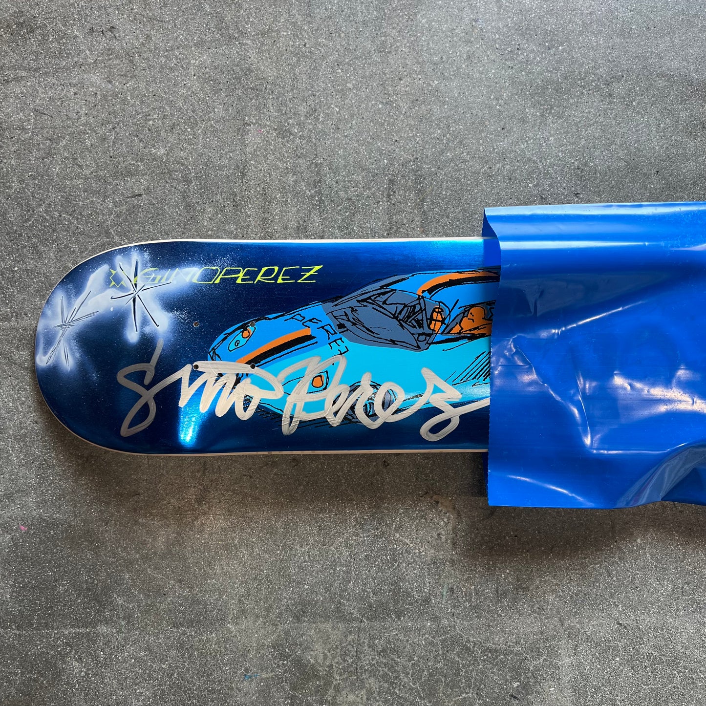 SIGNED SPRAYED Gino Perez Blue Foil 002 Mark Gonzales Art Sugar Sports Exclusive Autographed Skateboard Deck
