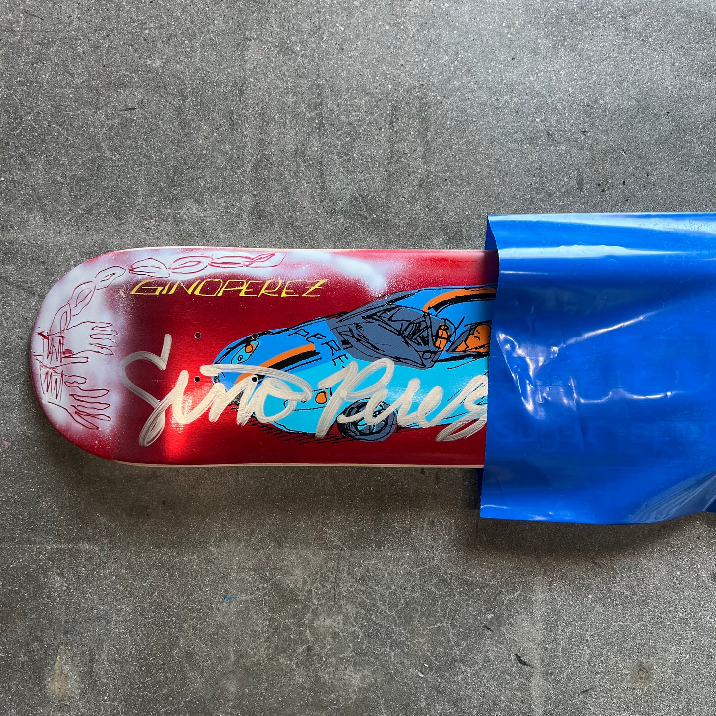 SIGNED SPRAYED Gino Perez Red Foil 005 Mark Gonzales Art Sugar Sports Exclusive Autographed Skateboard Deck