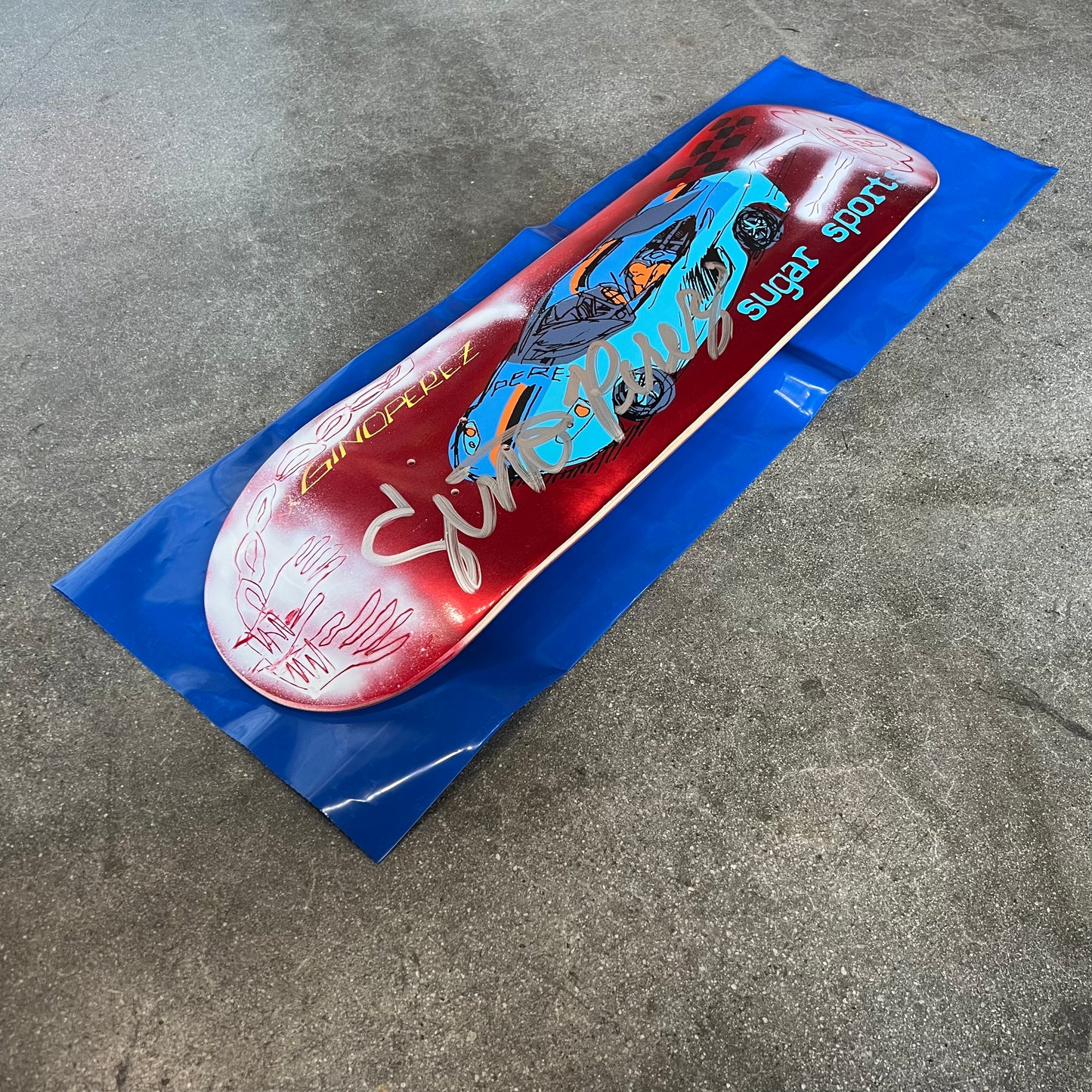 SIGNED SPRAYED Gino Perez Red Foil 005 Mark Gonzales Art Sugar Sports Exclusive Autographed Skateboard Deck