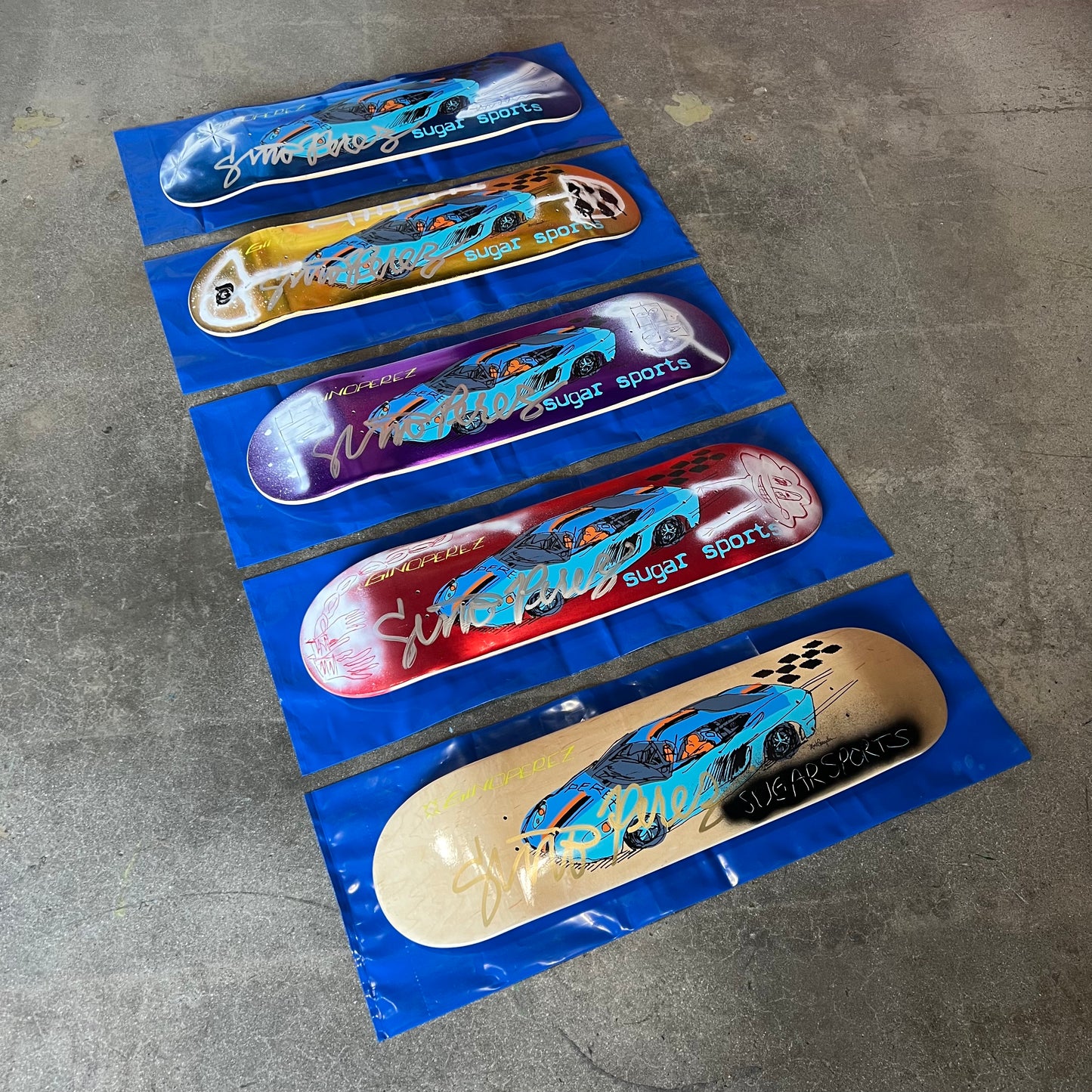 SIGNED SPRAYED Gino Perez Red Foil 005 Mark Gonzales Art Sugar Sports Exclusive Autographed Skateboard Deck